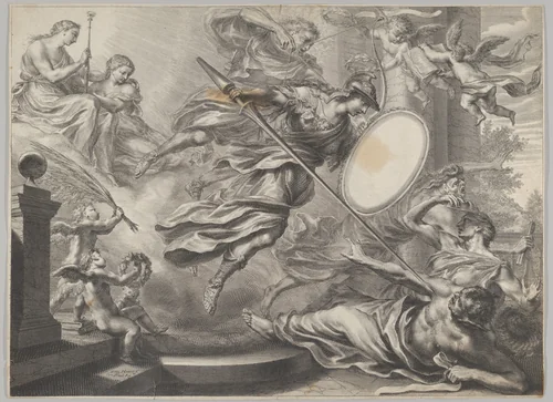 Minerva armed with a shield and lance attacking three nearly prone figures by Grégoire Huret, print, 1620-1650