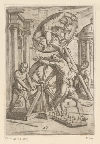Foltering met scherpe punten en wielen by Unknown, print, 1565-1630