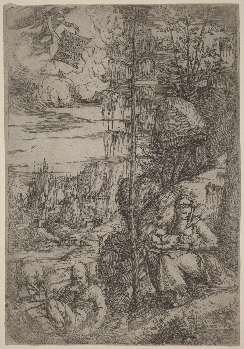 Landscape with the Rest on the Flight into Egypt by Sebastiano de' Valentinis, print, 1488-1600