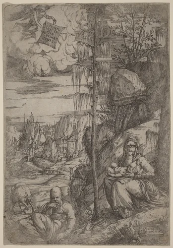 Landscape with the Rest on the Flight into Egypt by Sebastiano de' Valentinis, print, 1488-1600
