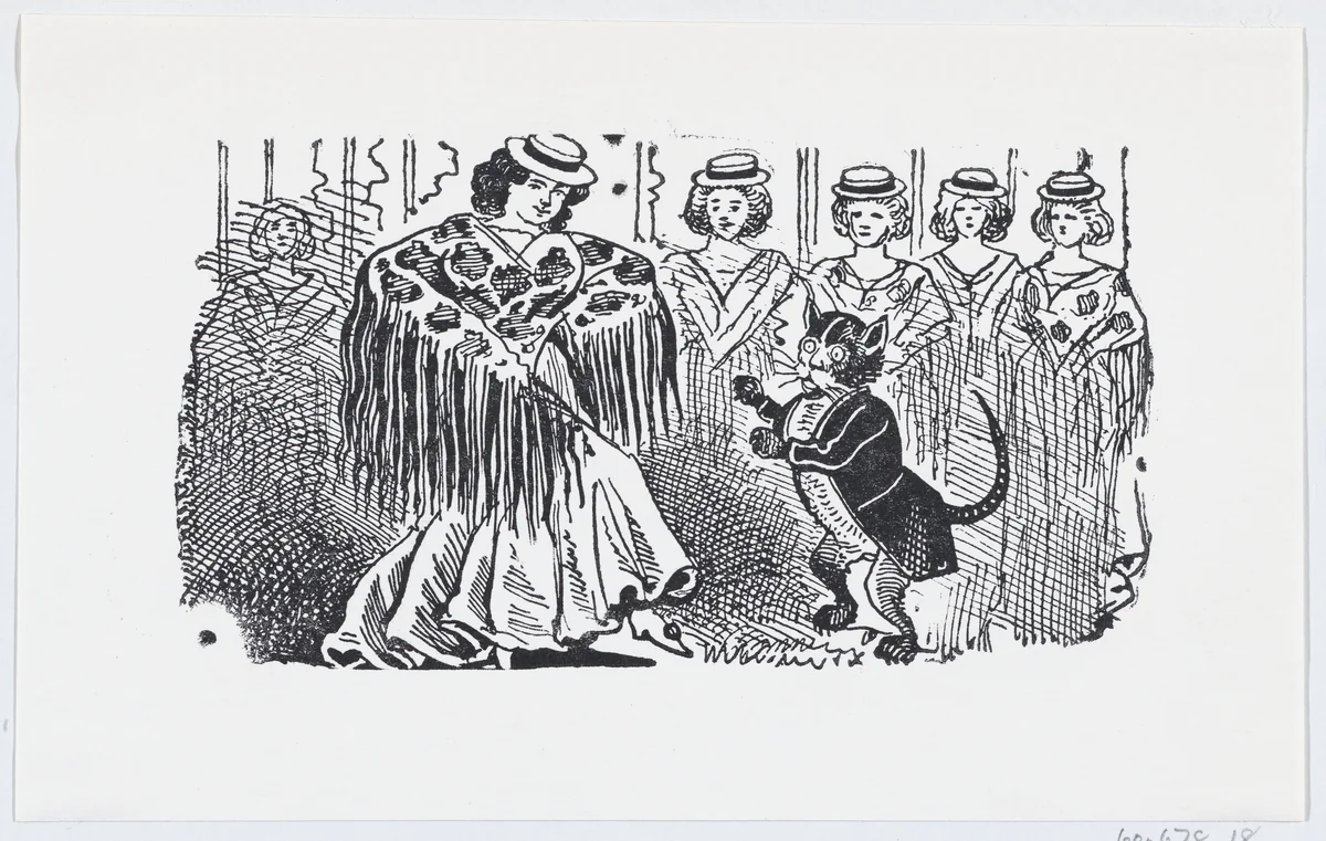 A woman dancing with a cat in a suit by José Guadalupe Posada, print, 1875-1885