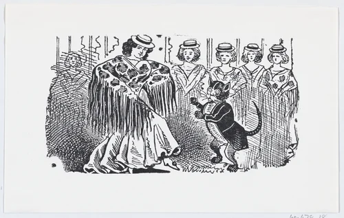 A woman dancing with a cat in a suit by José Guadalupe Posada, print, 1875-1885