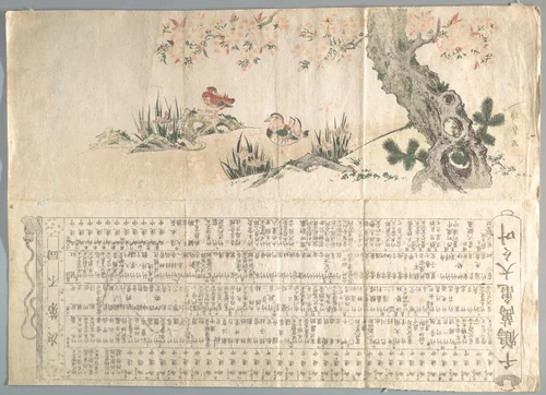 Mandarin Ducks in a Spring Landscape: Program for a Jururui Performance by Utamaro II, print, 1797-1817