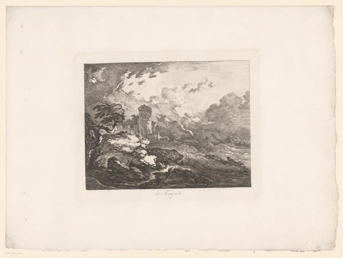 Storm aan kustlijn by anonymous, print, 1793-1832