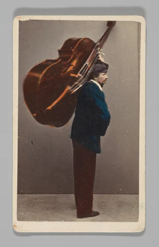 [Studio Portrait: Man Carrying Cello or Large Stringed Instrument, Venice] by Carlo Ponti, photograph, 1860-1879