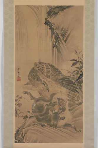 Eagle Attacking a Mountain Lion by Kawanabe Kyōsai (河鍋暁斎), painting, 1885
