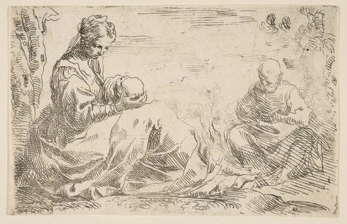 Rest on the flight into Egypt, Mary holding and looking at the infant Christ while St. Joseph reads by Simone Cantarini, print, 1632-1642