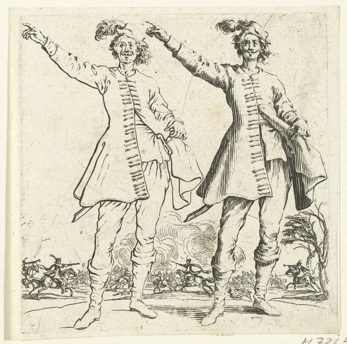 Tweemaal dezelfde soldaat met kleine gepluimde hoed en opgeheven arm, van voren gezien by Jacques Callot, print, 1621-1624