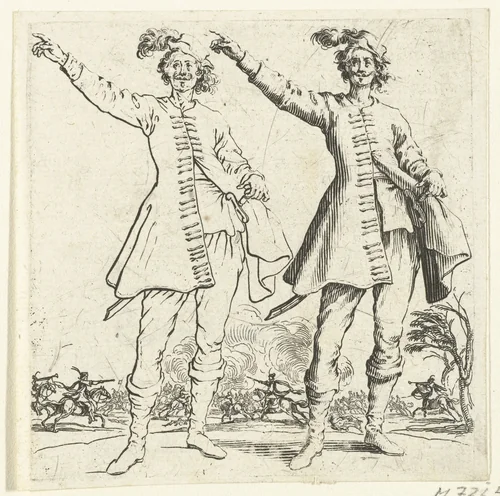 Tweemaal dezelfde soldaat met kleine gepluimde hoed en opgeheven arm, van voren gezien by Jacques Callot, print, 1621-1624