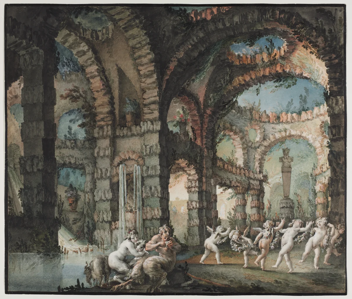 Family of Satyrs with Dancing Cherubs by Giovanni David, drawing, 1770-1780
