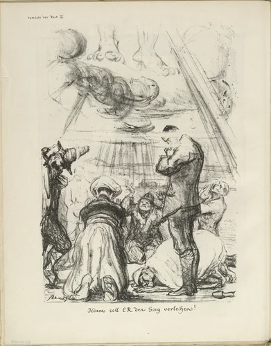 Signs of the Times VI: God Shall Bestow Victory on Everyone (Symbole der Zeit VI: Jedem soll er den Sieg verliehen) (plate, folio 17 verso) from the periodical Der Bildermann, vol. 1, no. 8 (Jul 1916) by Max Slevogt, periodical, 1916