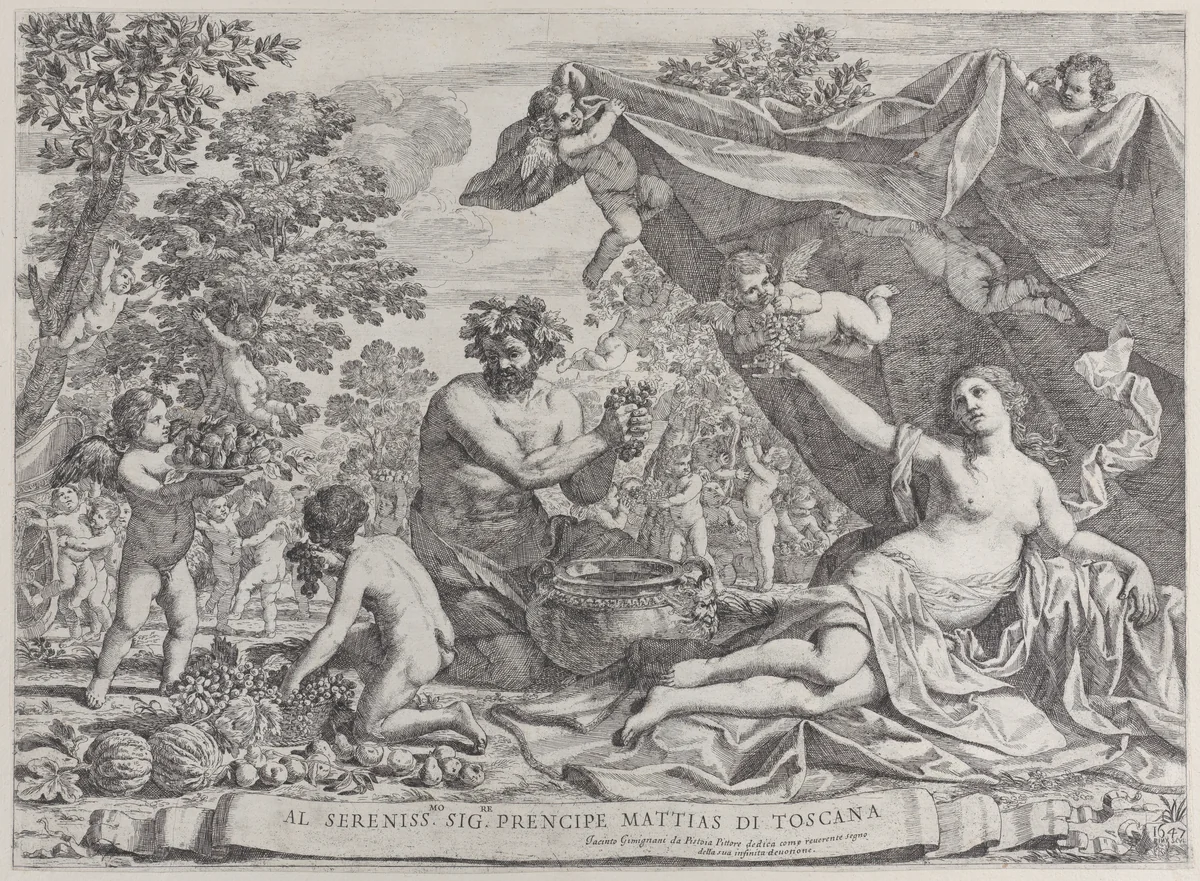 Garden of Venus with Bacchus Squeezing Grapes by Giacinto Gimignani, print, 1647