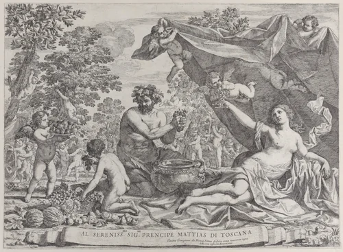 Garden of Venus with Bacchus Squeezing Grapes by Giacinto Gimignani, print, 1647