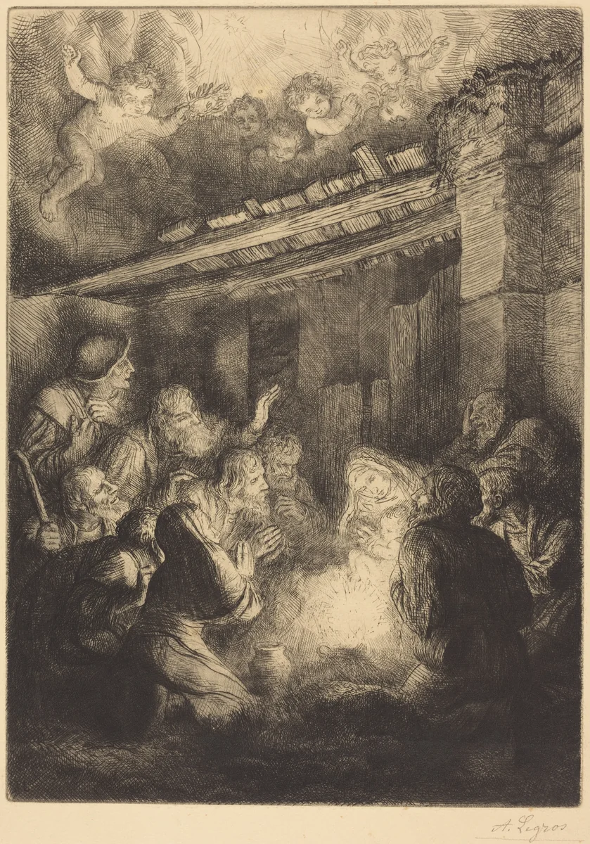 The Adoration of the Shepherds (L'adoration des bergers) by Alphonse Legros, print, 1837-1911
