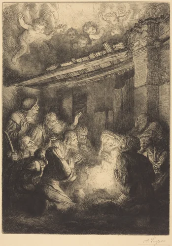 The Adoration of the Shepherds (L'adoration des bergers) by Alphonse Legros, print, 1837-1911