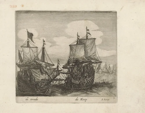 Twee driemasters voor anker by anonymous, print, 1610-1665