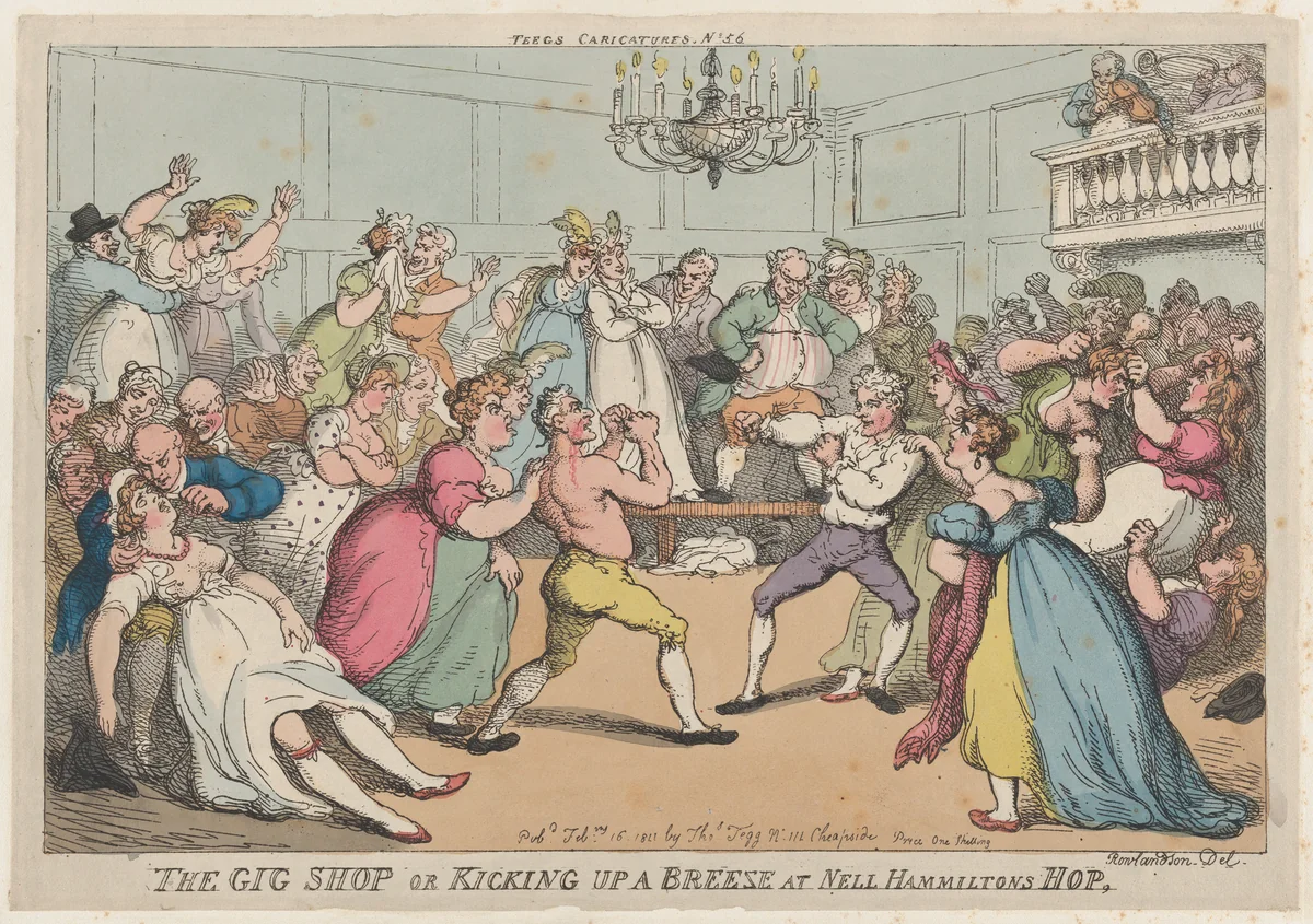 The Gig Shop or Kicking Up a Breeze at Nell Hammiltons Hop by Thomas Rowlandson, print, 1811