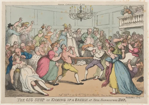 The Gig Shop or Kicking Up a Breeze at Nell Hammiltons Hop by Thomas Rowlandson, print, 1811