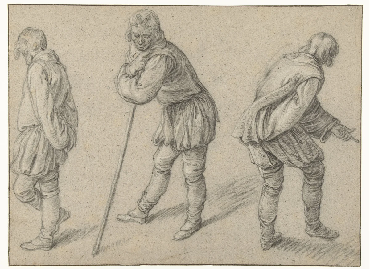 Drie staande mannen by Jacques de Gheyn, drawing, 1598-1603