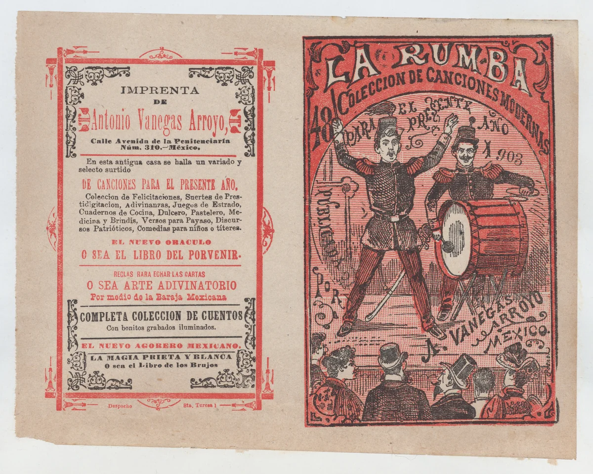 Cover for 'La Rumba: Coleccion de Canciones Modernas para el Presente Año 1903', a conductor and a drummer performing on stage for an audience by José Guadalupe Posada, print, 1898-1908