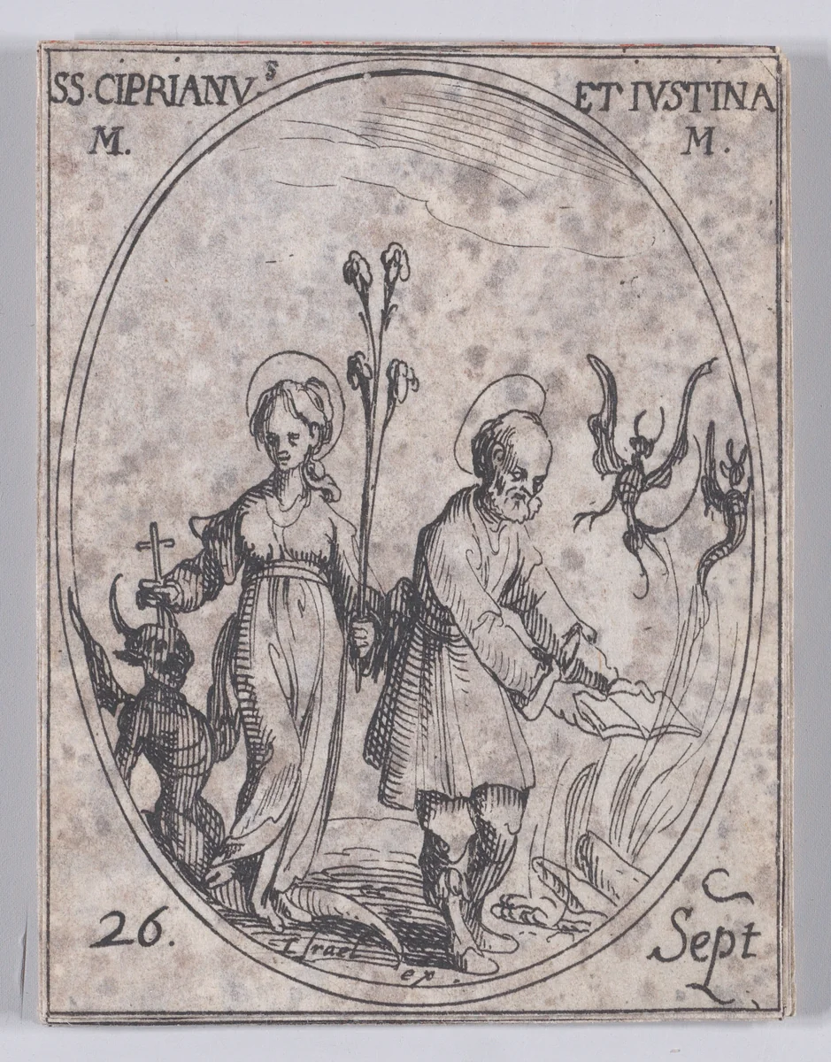 S. Cyprien et Ste. Justine, martyrs (St. Cyprian and St. Justina, Martyrs), September 26th, from "Les Images De Tous Les Saincts et Saintes de L'Année" (Images of All of the Saints and Religious Events of the Year) by Jacques Callot, print, 1636