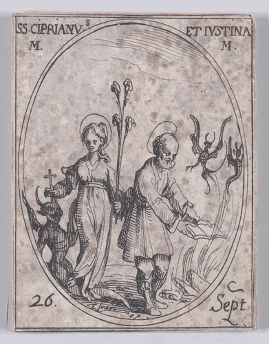 S. Cyprien et Ste. Justine, martyrs (St. Cyprian and St. Justina, Martyrs), September 26th, from "Les Images De Tous Les Saincts et Saintes de L'Année" (Images of All of the Saints and Religious Events of the Year) by Jacques Callot, print, 1636