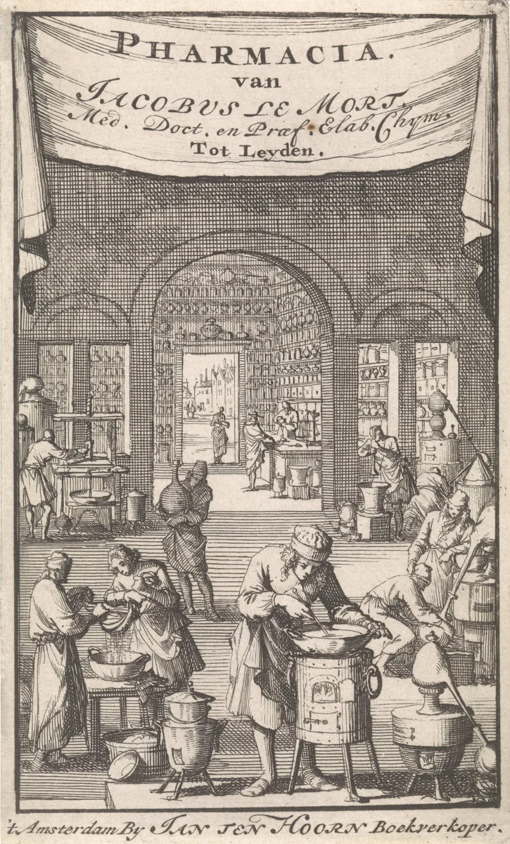 Interieur van een apotheek waar verschillende figuren geneesmiddelen prepareren by Jan Luyken, print, 1696