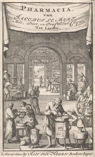 Interieur van een apotheek waar verschillende figuren geneesmiddelen prepareren by Jan Luyken, print, 1696