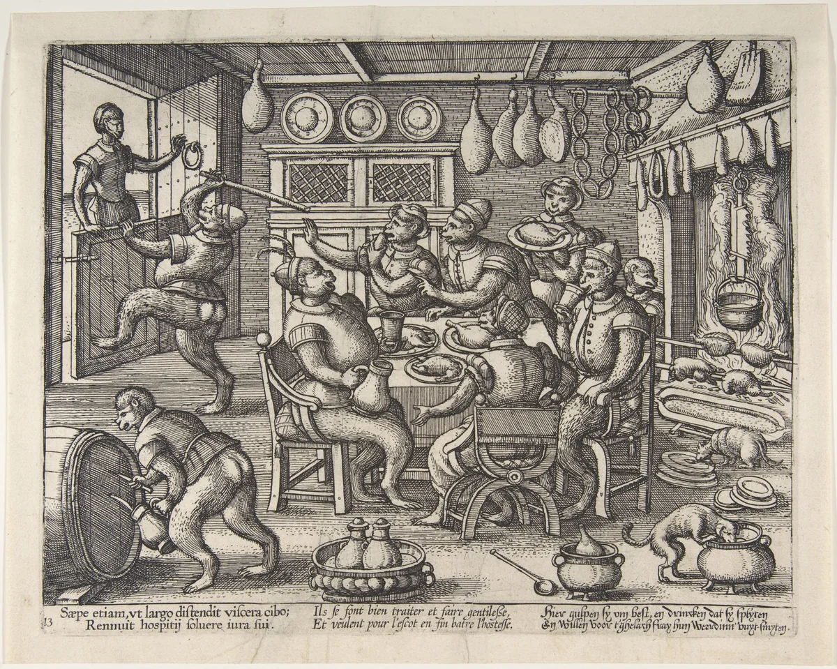 The Fat Kitchen, from the series Monkeys by Peeter van der Borcht, print, 1559-1590