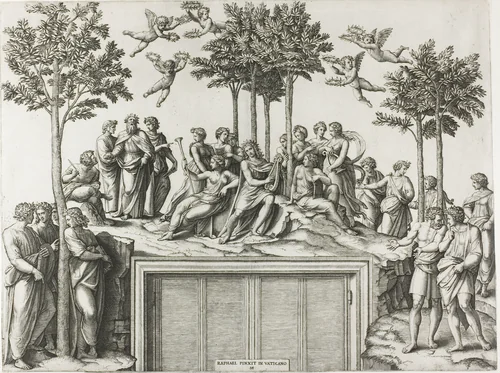 Apollo on Parnassus, Surrounded by the Muses and Poets by Marcantonio Raimondi, print, 1517-1520