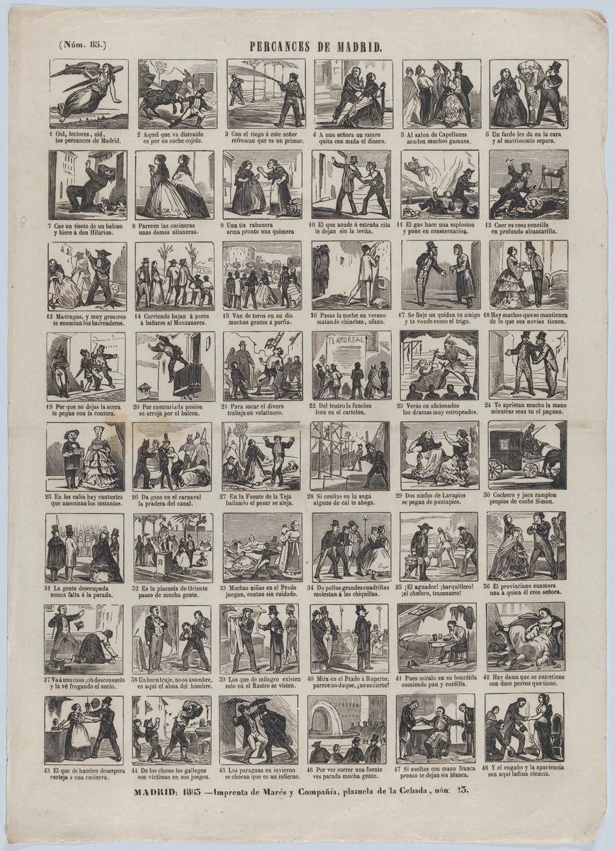 Broadside with 48 scenes depicting the mishaps in/of Madrid by José María Marés, print, 1863