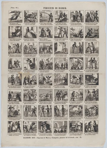 Broadside with 48 scenes depicting the mishaps in/of Madrid by José María Marés, print, 1863