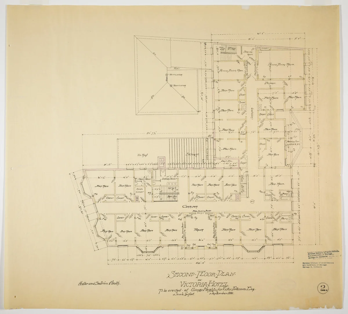 Victoria Hotel, Chicago Heights, Illinois, Second Floor Plan by Adler and Sullivan, drawing, 1892