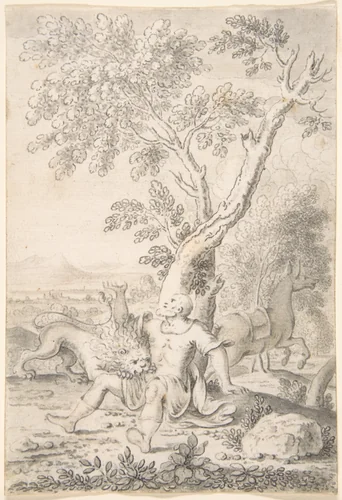 A Man under a Tree Bitten by a Lion while his Horse Escapes by Mathais Füssli, drawing, 1692