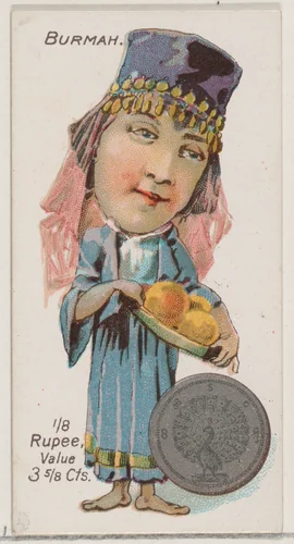 Caricatured Burmese figure, 1/8 Rupee, from the series Coins of All Nations (N72, variation 1) for Duke brand cigarettes by W. Duke, Sons & Co., print, 1889