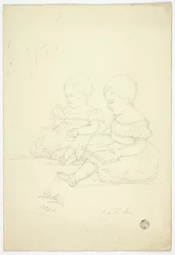 Two Seated Baby Girls (recto), a Still Life, and Two Animals (verso) by Elizabeth Murray, drawing, 1840