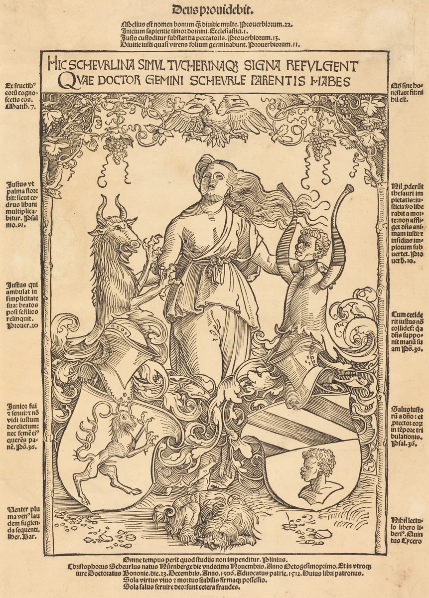 Coat of Arms of Scheurl and Tucher Families by Wolf Traut, print, 1512