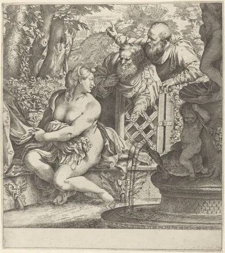 Susanna en de ouderlingen by Unknown, print, 1590-1595