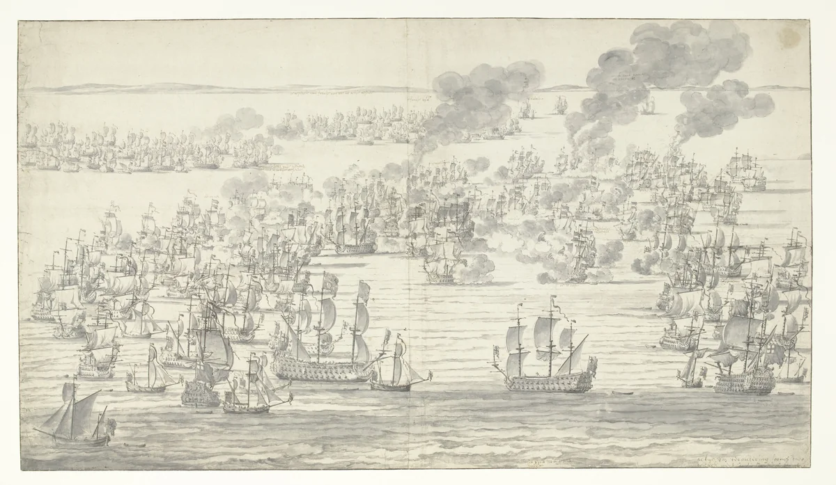 Het einde van de Zeeslag bij Solebay, 7 juni 1672 by Willem van de Velde, drawing, 1673