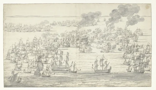 Het einde van de Zeeslag bij Solebay, 7 juni 1672 by Willem van de Velde, drawing, 1673