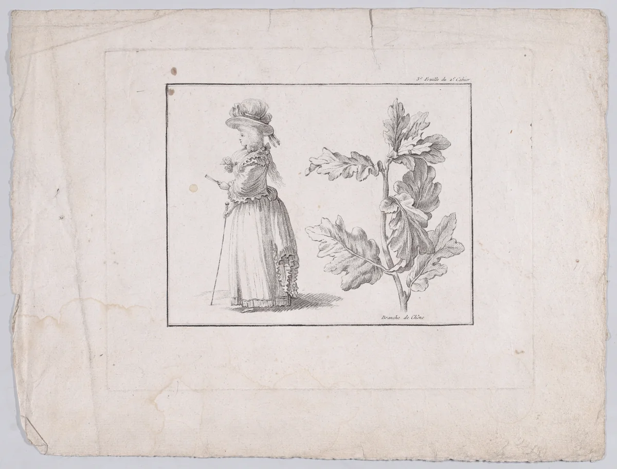 Profile of a woman and a study of an oak branch by Gilles Antoine Demarteau, print, 1770-1788