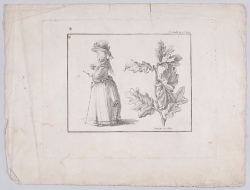 Profile of a woman and a study of an oak branch by Gilles Antoine Demarteau, print, 1770-1788