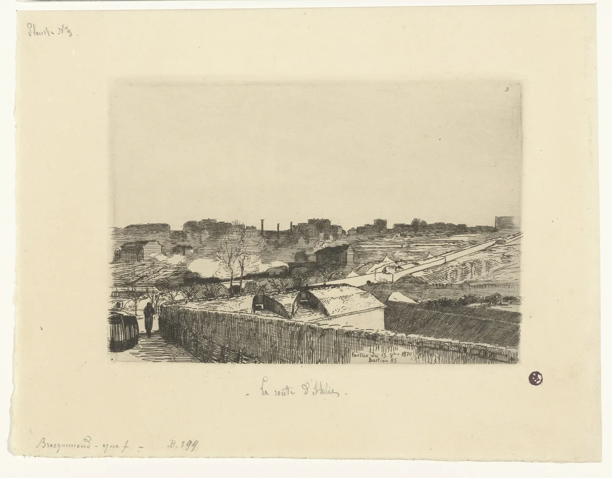 Militaire wacht bij bastion 85 aan kant van Route d'Italie in Parijs by Félix Bracquemond, print, 1870