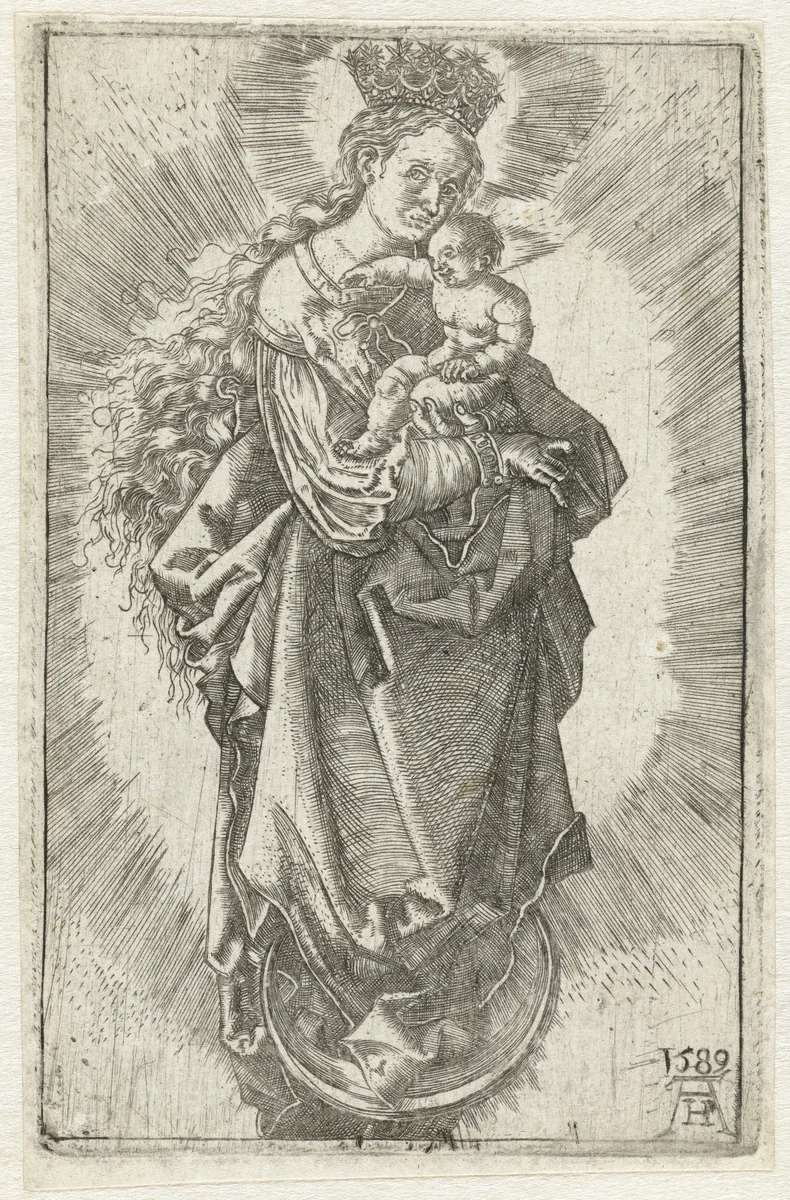 Maria met kind op een maansikkel by Unknown, print, 1589