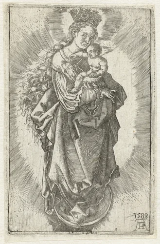Maria met kind op een maansikkel by Unknown, print, 1589