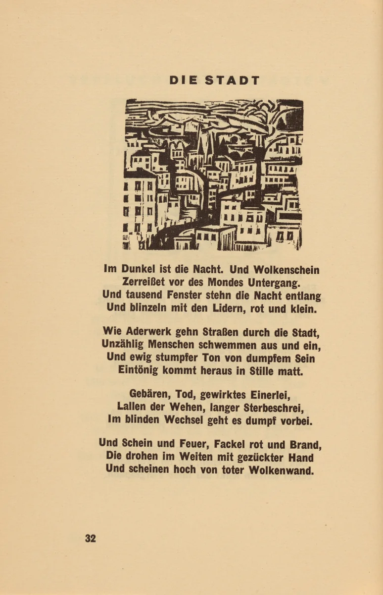 Die Stadt (The City) (headpiece, page 32) from Georg Heym: Umbra Vitae (Georg Heym: The Shadow of Life) by Ernst Ludwig Kirchner, volume, 1924