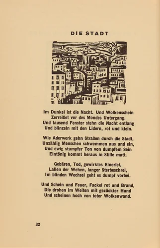 Die Stadt (The City) (headpiece, page 32) from Georg Heym: Umbra Vitae (Georg Heym: The Shadow of Life) by Ernst Ludwig Kirchner, volume, 1924