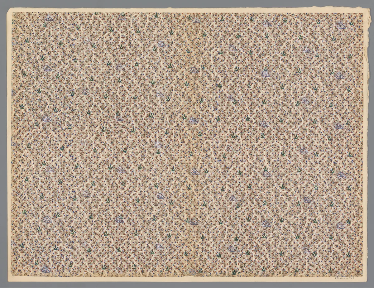 Blad met strooipatronen van sterretjes en blad- en ruitmotief over takjes en stippenfond by anonymous, print, 1800-1900