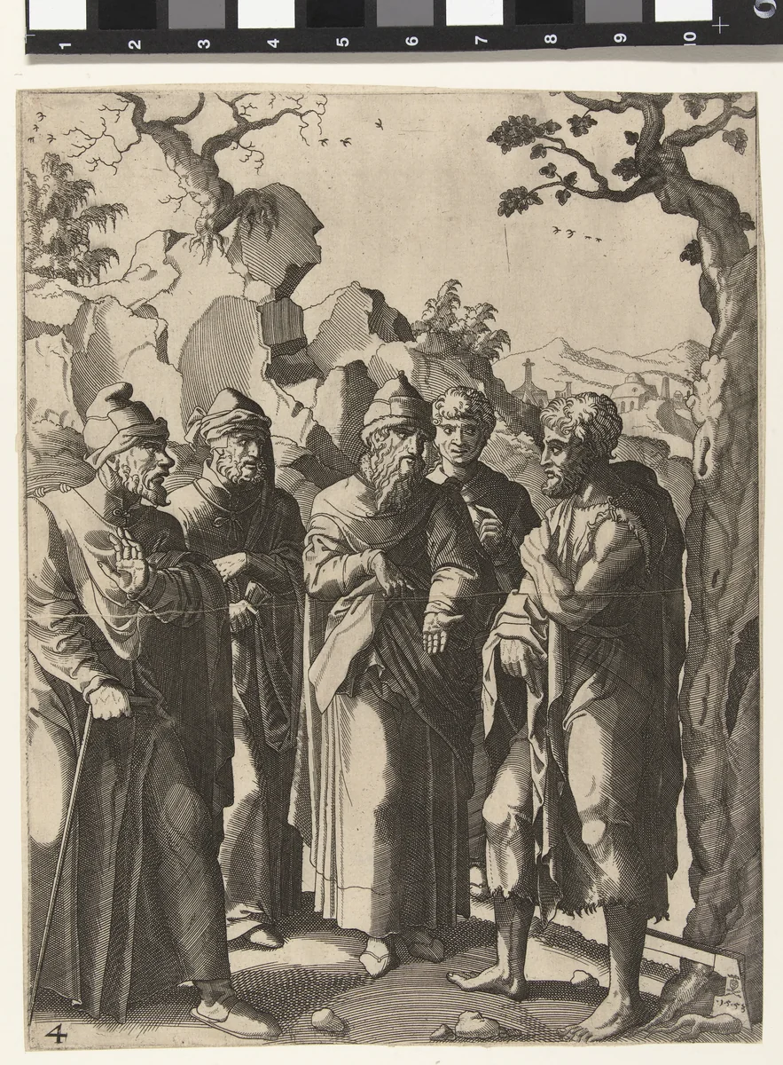 Johannes de Doper spreekt met vier mannen by Unknown, print, 1553