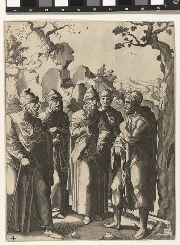 Johannes de Doper spreekt met vier mannen by Unknown, print, 1553